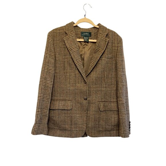 Lauren Ralph Lauren Brown Plaid Tweed Blazer Size 12 Wool Blend Long Sleeve - Picture 1 of 6